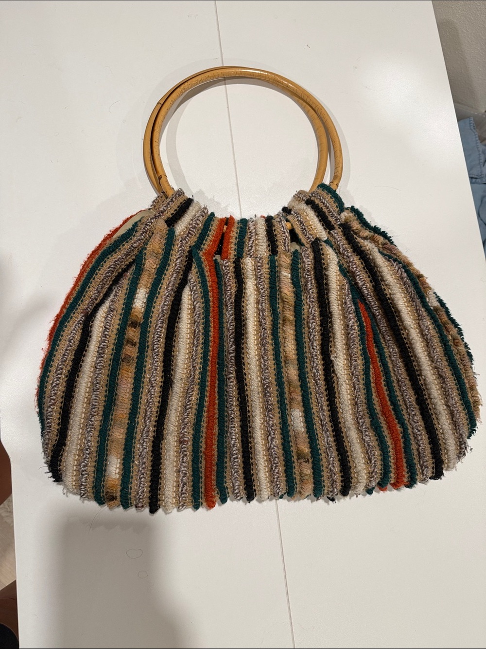 Woven Multicolor Stripe Handbag with Wood Handles